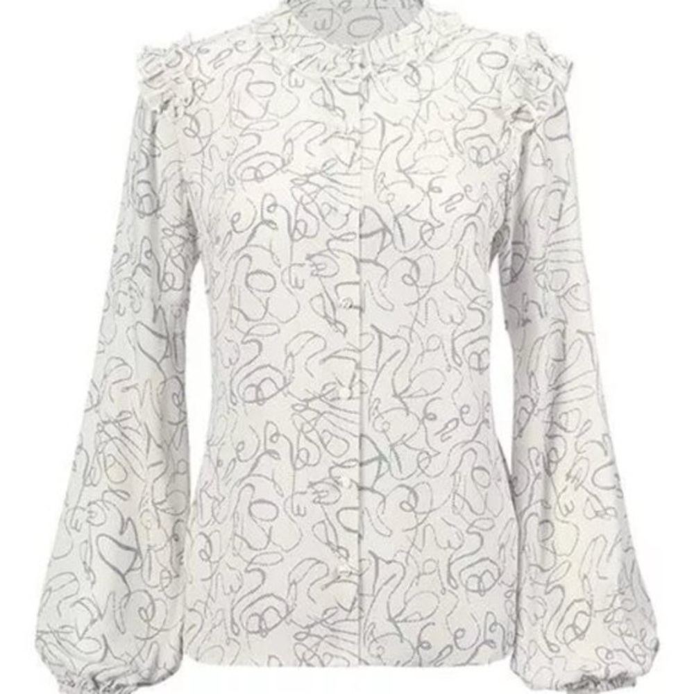 CAbi White Gray Abstract Ribbon Button Blouse